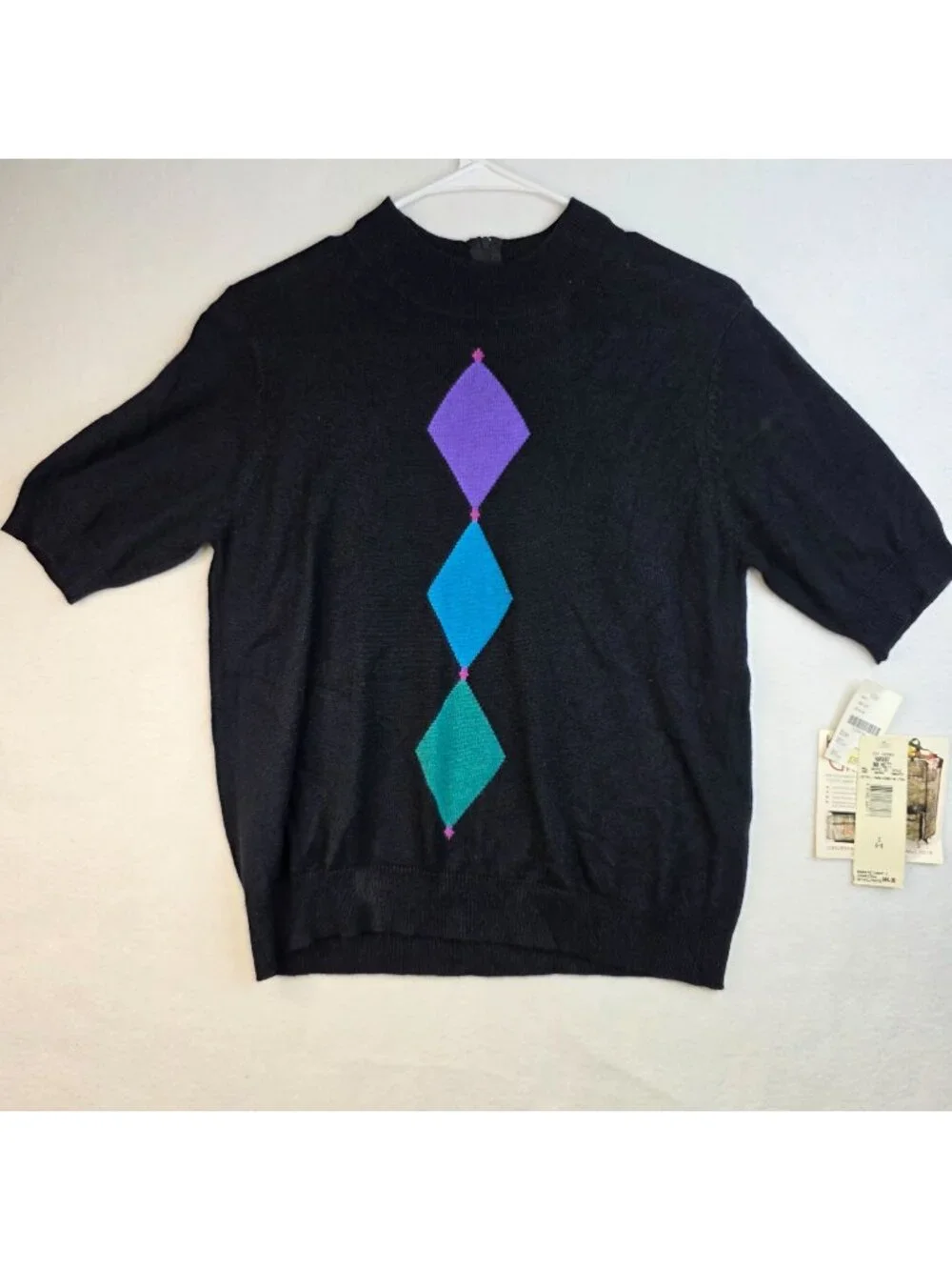 Vintage 90s Koret Argyle Silk Angora Sweater S Black Preppy Academia Retro Luxe